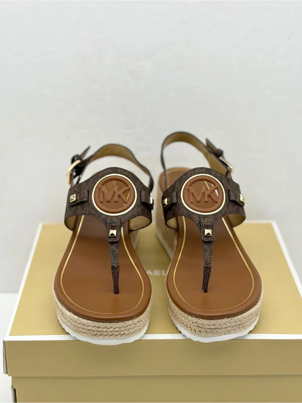 Michael Kors Aubrey Cutout Signature Logo Wedge Sandal Brown 7
